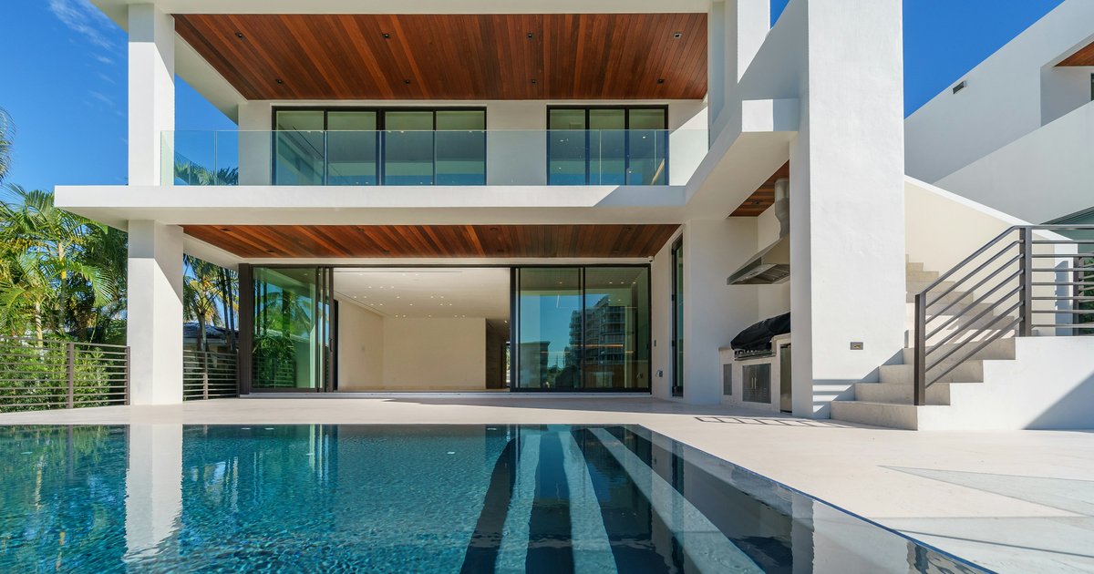 Modern contemporary estate exterior with pool, representative of Benedict Canyon-style architecture