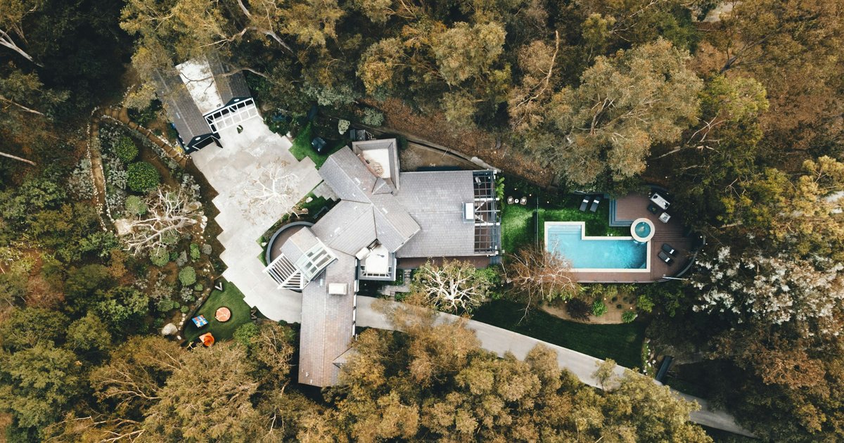 Aerial view of a wooded Bluffview lot with mature tree cover along Bachman Branch