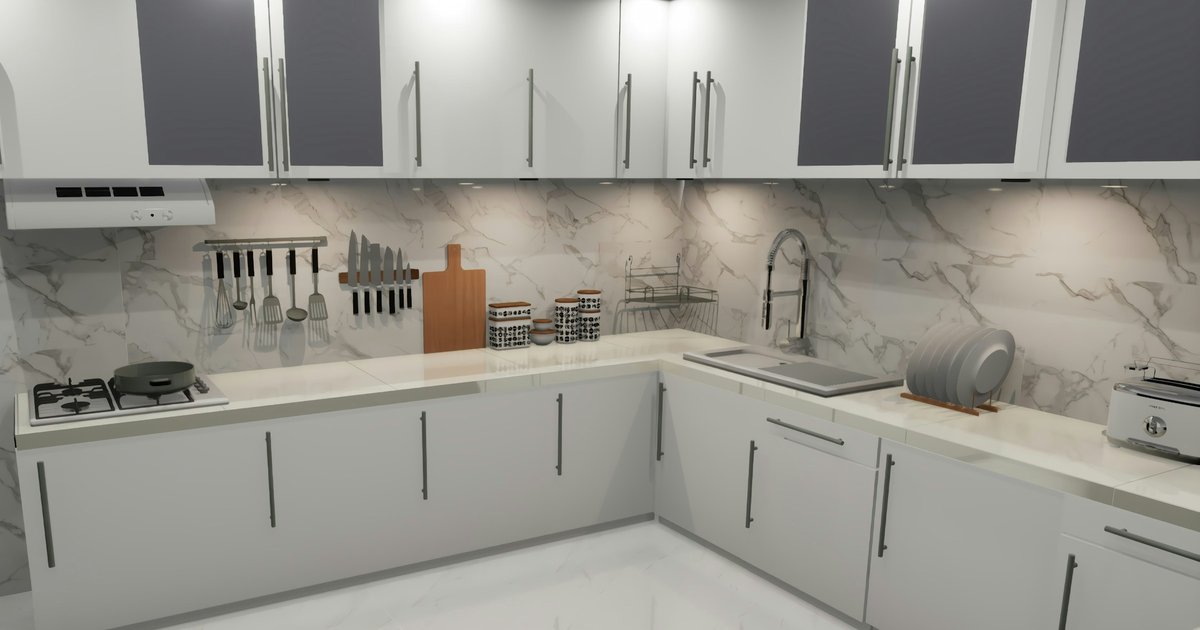 Renovated kitchen with white shaker cabinetry and light stone countertops, the finish level now clearing quickly in updated 1970s Carrollton ranches