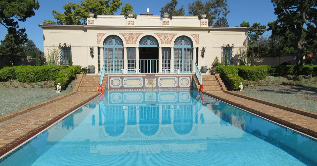 Historic pool and pavilion at Virginia Robinson Gardens in Beverly Hills, an example of the estate architecture found across the 90210 hills