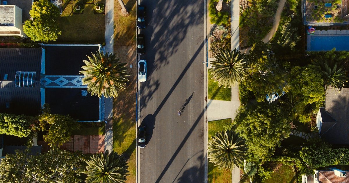 Overhead view of a palm-lined residential street with wide flat lots, deep rear yards and pools, the pattern that defines the blocks north of Ventura Boulevard