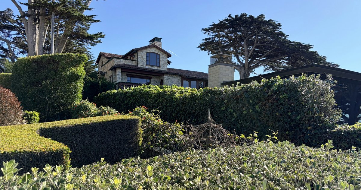 A large estate house set behind mature manicured hedges and specimen trees on a broad lot