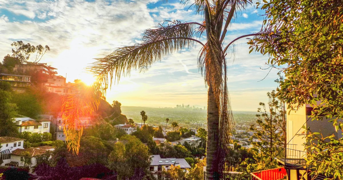 A well-maintained hillside home in the Hollywood Hills area with defensible-space clearance and fire-resistant landscaping around the perimeter