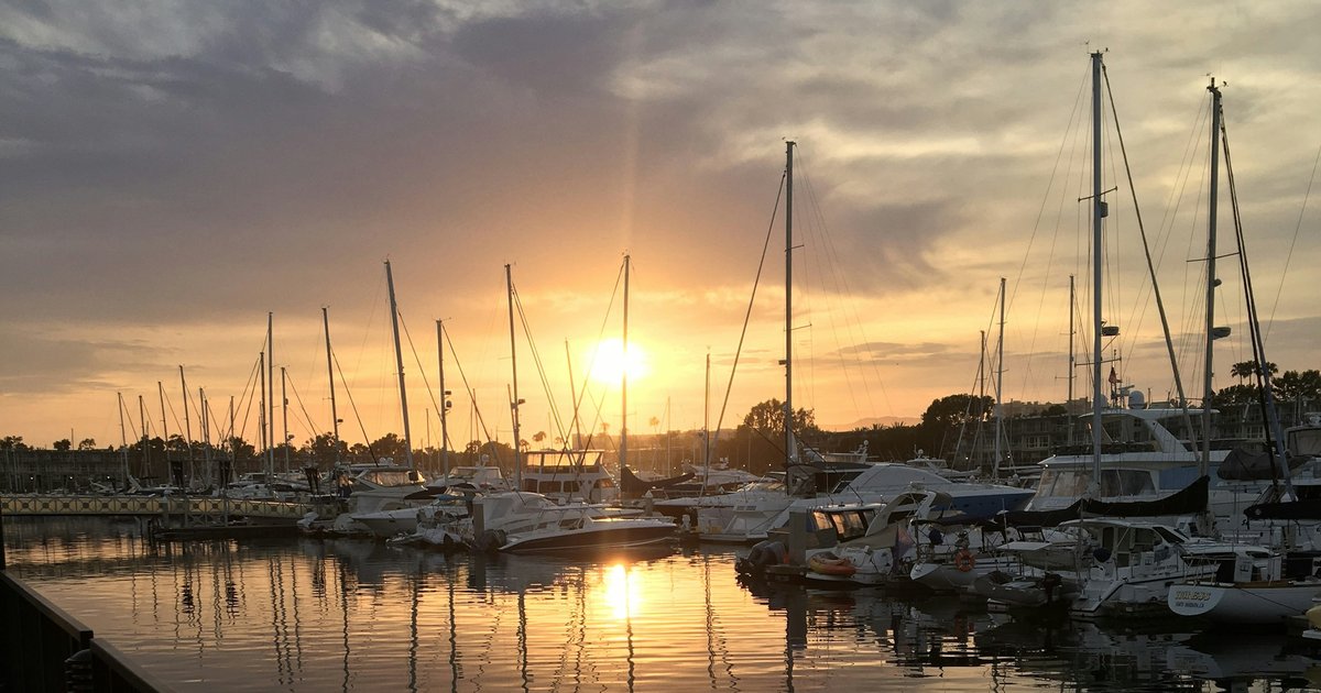 Boats moored along a Marina del Rey channel with harbor high-rises behind them