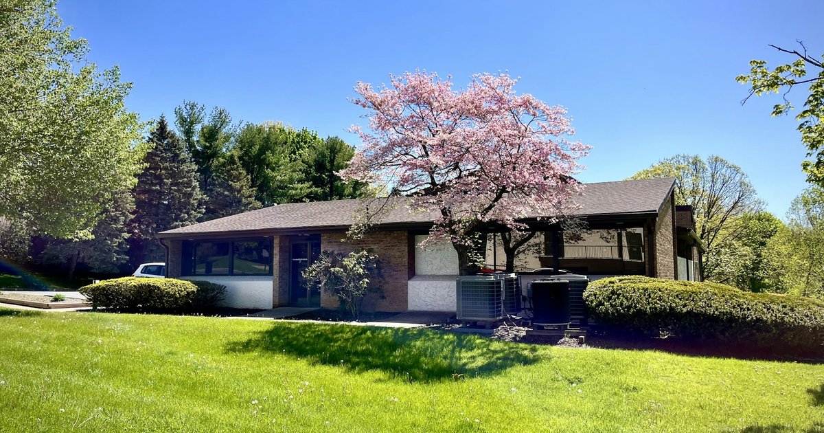 Single-story brick ranch house with mature trees and a wide lawn, illustrating the original housing style described across Midway Hollow