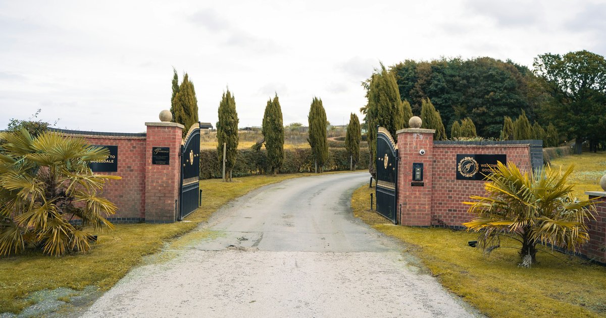 A winding driveway leads through open estate gates lined with mature trees