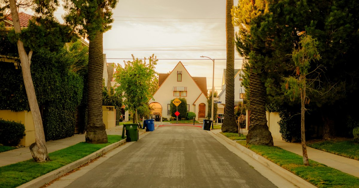 A palm-lined residential street with houses, similar to Silver Lake's flats streets near Sunset Junction